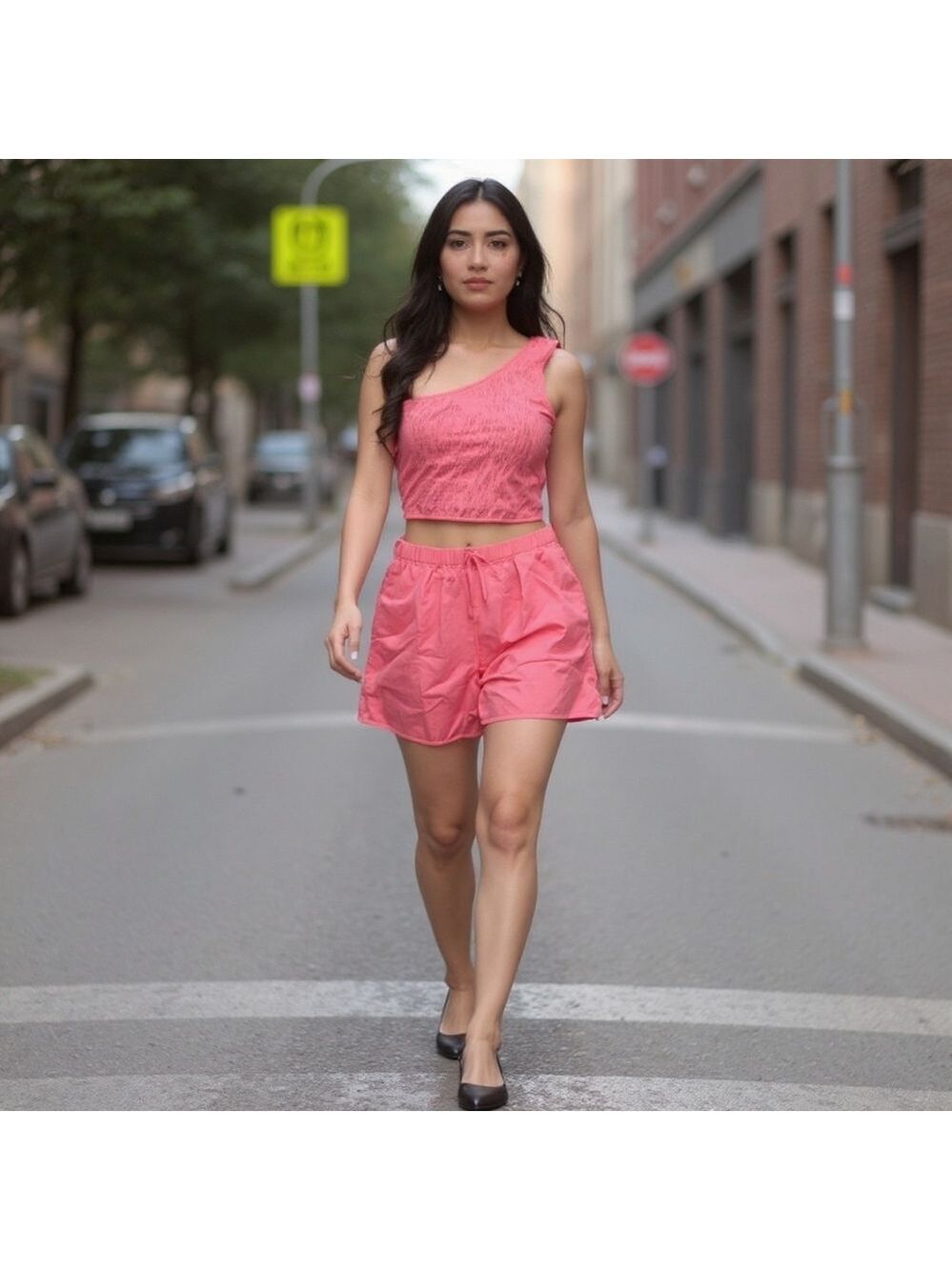 PrettyGarden 2 Piece Set One Shoulder Crop Top And Shorts Size Large